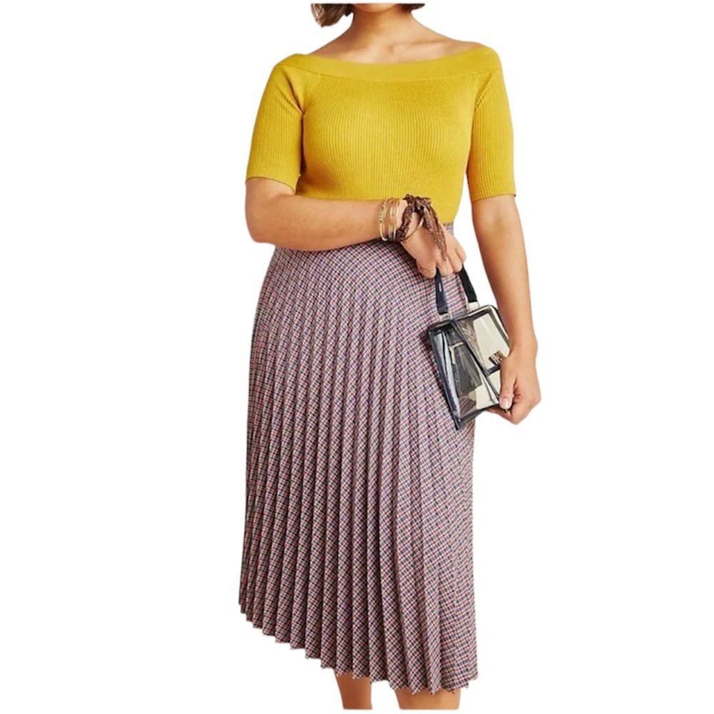 Anthropologie Maeve Plaid Skirt Pleated A-Line High Waist Knit Midi Women’s 12 P - Picture 3 of 13
